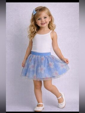 Toddler Girl’s Blue Tulle Skirt with Floral Pattern Size 2T